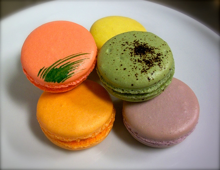 assorted-color macaroons on white plate