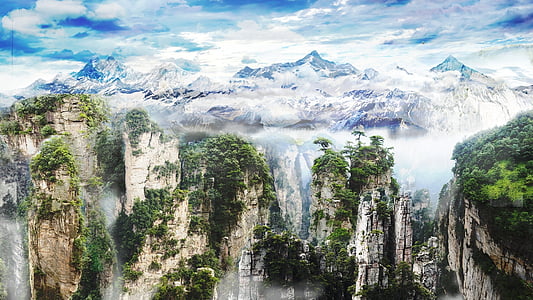 aerial view photography of Zhangjiajie, China with fog during daytime