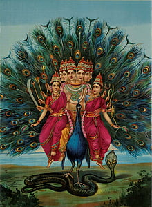 blue peacock with Hindu Gods illustration