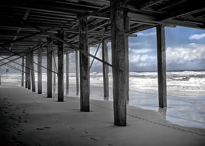 gray wooden bridge stand beside ocean waves during daytime