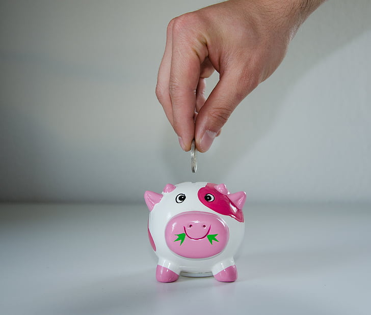 person putting coin on white, pink, and red piggy bank