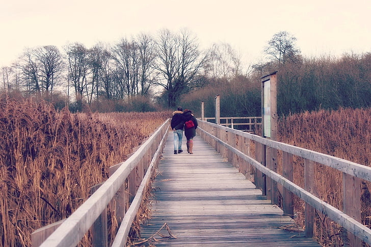 couple walking on the wooden dock