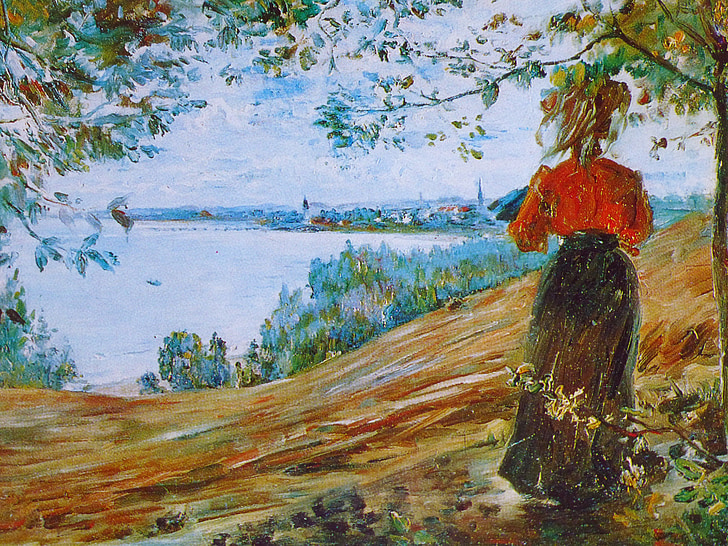 painting of woman in red dress and black skirt standing near seashore