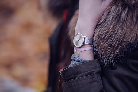 person wearing round gold-colored analog watch