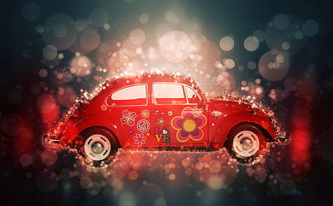 animated photo of red Volkswagen Beetle coupe with gray and red background