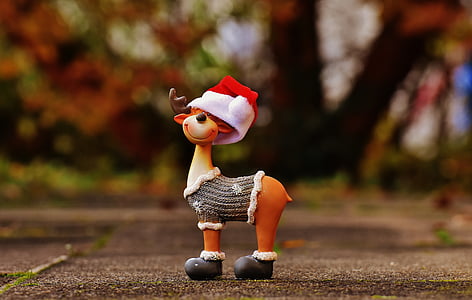 closeup photo of deer with santa's hat figurine