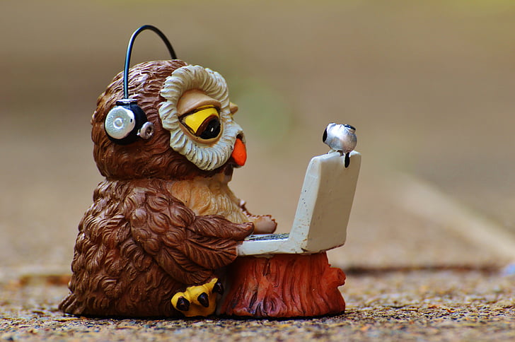 brown and white ceramic owl wearing black headphones figurine