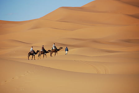 three men riding horse on desert land