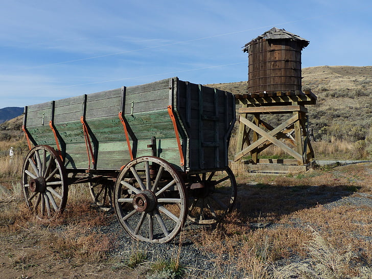 green wooden carriage on brown grassland