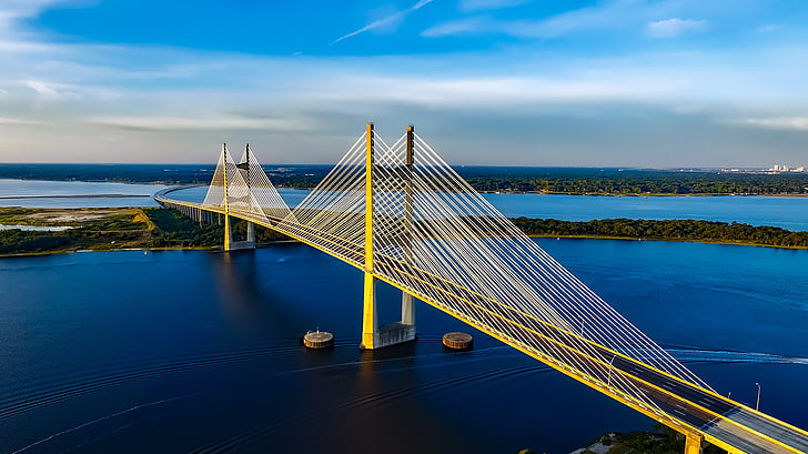yellow steel bridge on body of water
