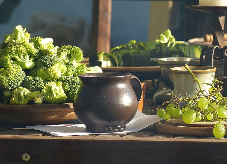 table, ceramic, food, krug, broccoli, vegetables
