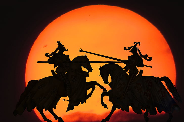 two men on horse silhouette digital wallpaper