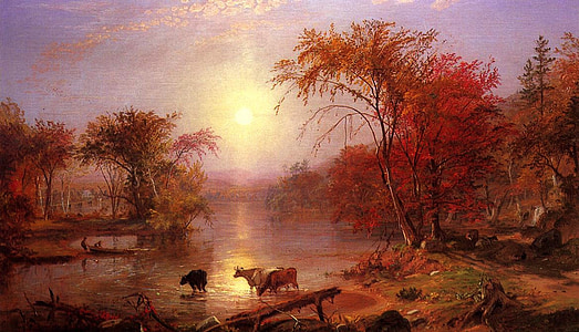 brown cow near river surrounded by trees painting