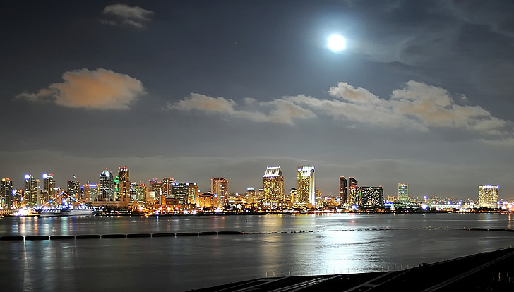 cityscape by water during full moon