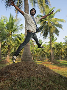 man wearing white crew-neck t-shirt jumping behind palm tree
