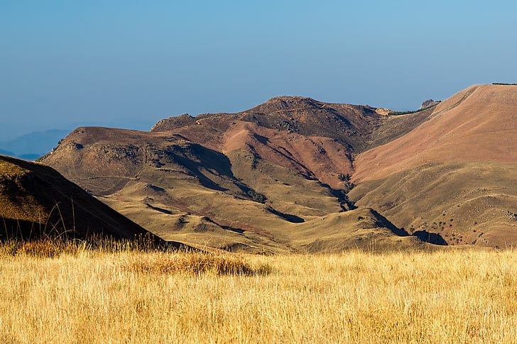 brown field near green hills at daytime
