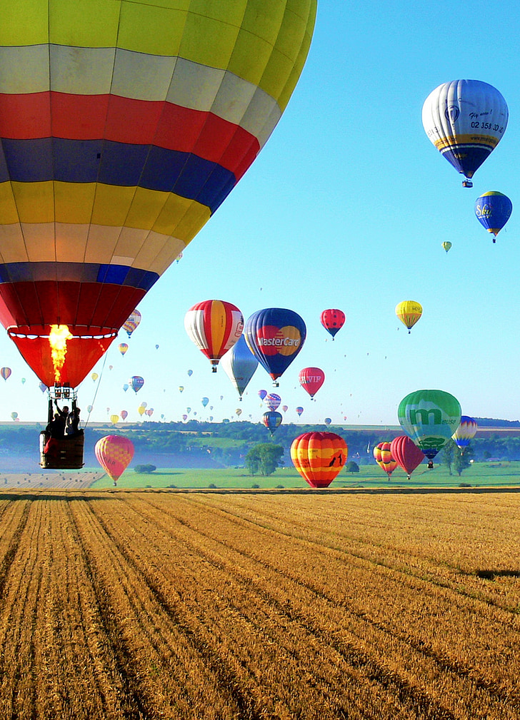 photograph of lot of hot air balloons flying above field of grass