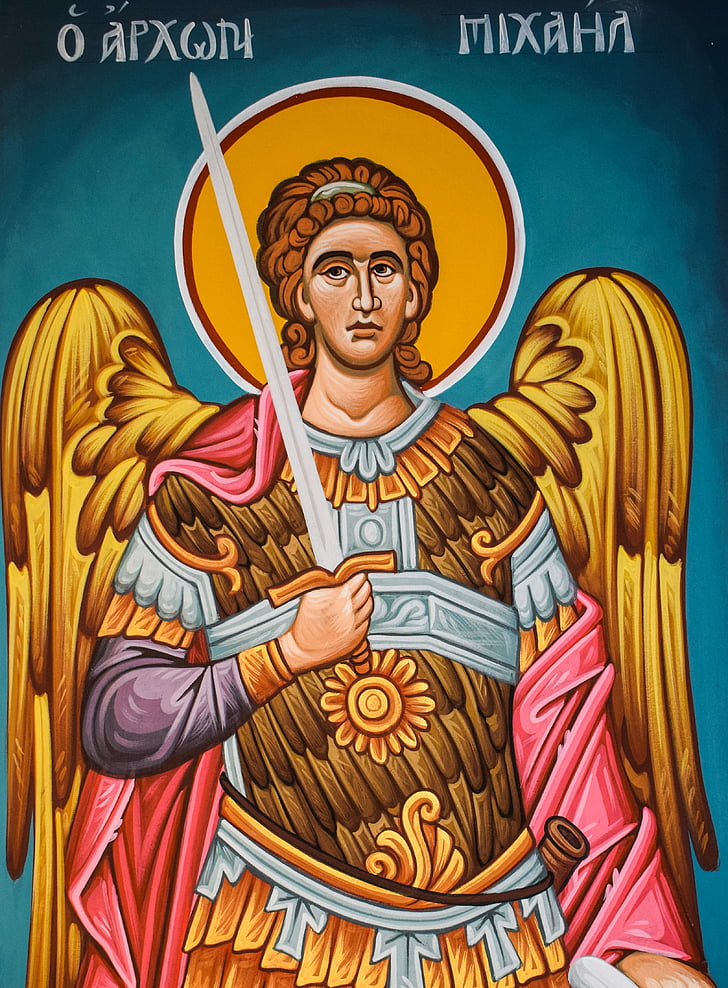 white and brown angel holding sword illustration