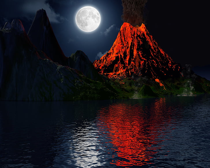 photography of erupted volcano at nighttime