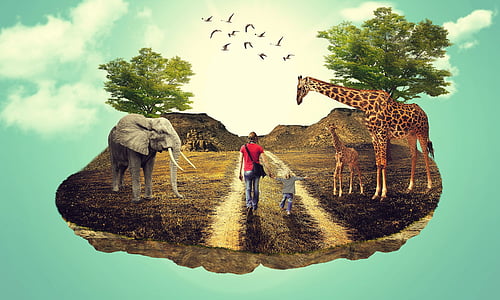 woman and child walking near giraffe and elephant graphic poster