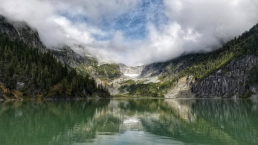 photo of lake between mountain