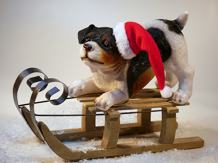 white and black ceramic dog on brown snow sled table decor on white top