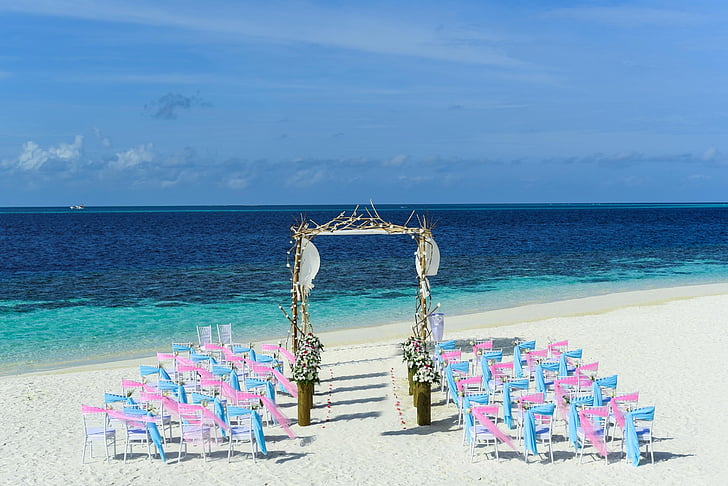 pink and blue beach wedding setup