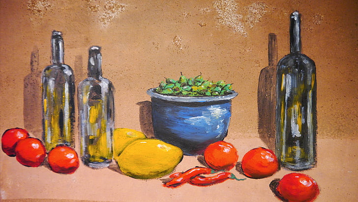 variety of fruits with three bottles painting