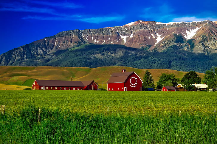 red wooden barn beside hill and mountain under blue sky