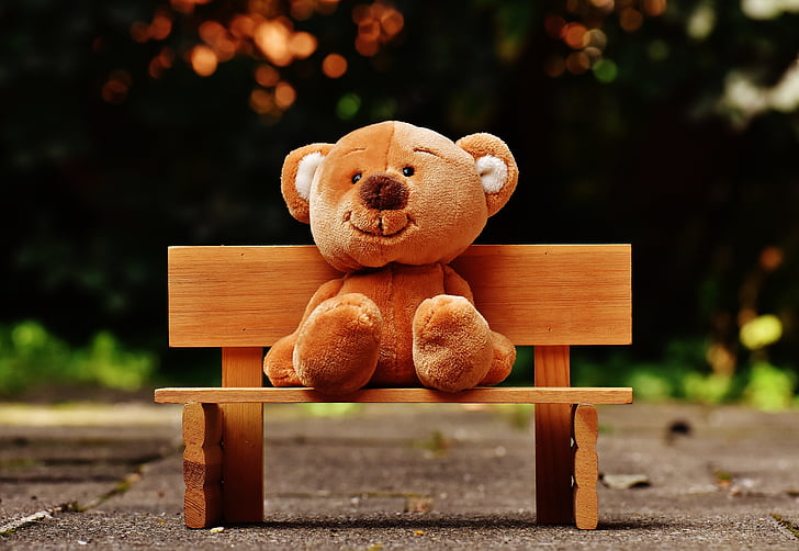 brown bear plush toy sitting on bench