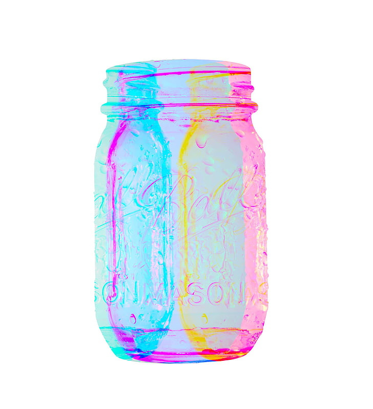 teal, yellow, and pink glass jar