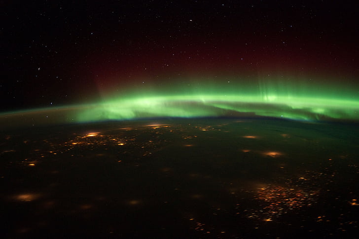 aurora borealis, northern lights, unites states, midwest, space, satellite image