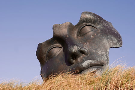 black mask on brown grass under blue skies
