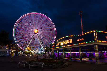 photo of white and purple lighted Ferris wheel during nighttime