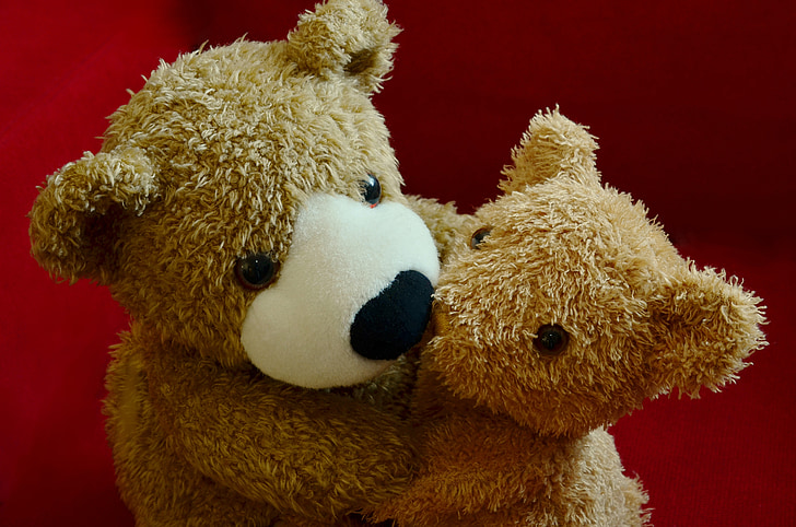 two brown bear plush toy on red textile