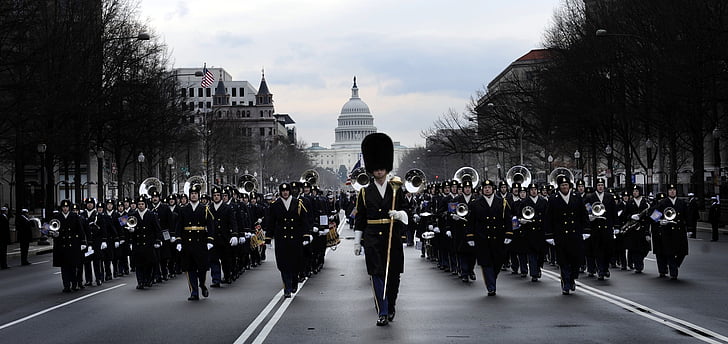 band marching in front of The Capitol Building
