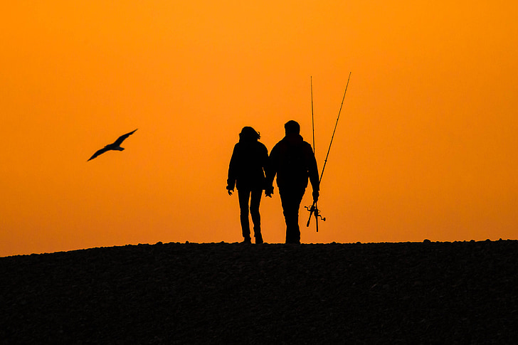 silhouette of couple with fishing rods and flying bird on hill