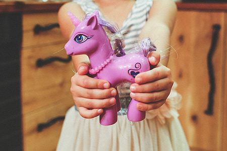 girl carrying people unicorn toy