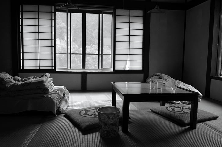 grayscale photography of living room