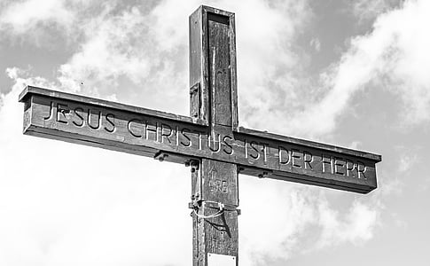 grayscale photo of Jeus Christ cross