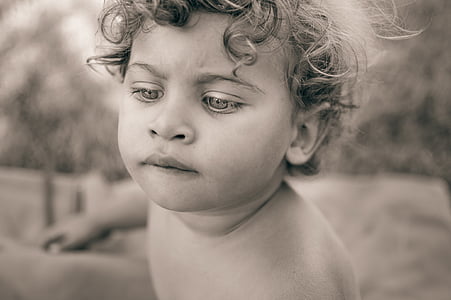 grayscale photo of toddler