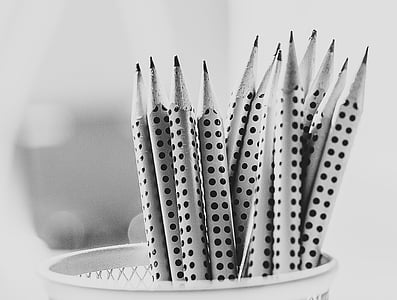 grayscale photography of pencils inside tray