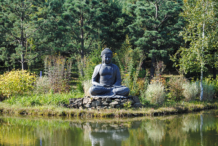 Gautama Buddha statue in front of calm body of water