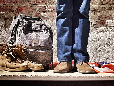 person wearing blue denim jeans and brown leather shoes beside gray camouflage backpack