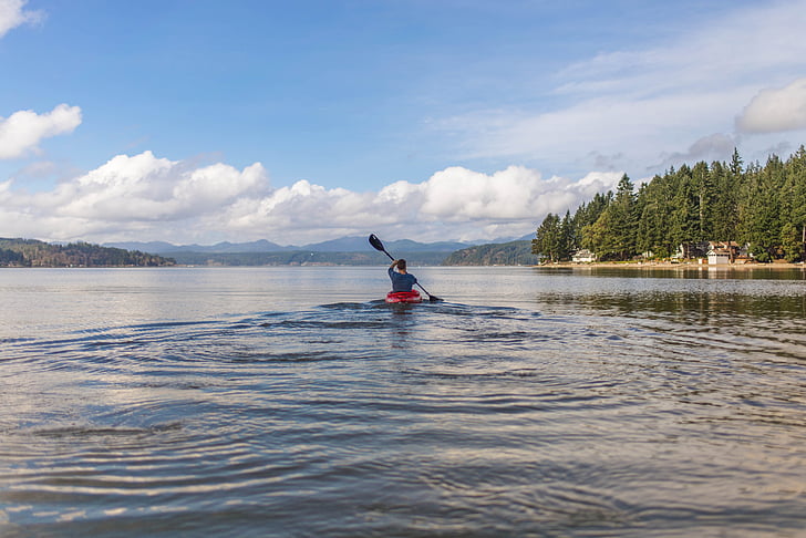 person riding on kayak on large body of water
