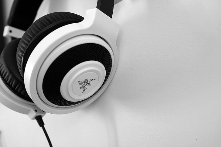 white and black Razer corded headphones