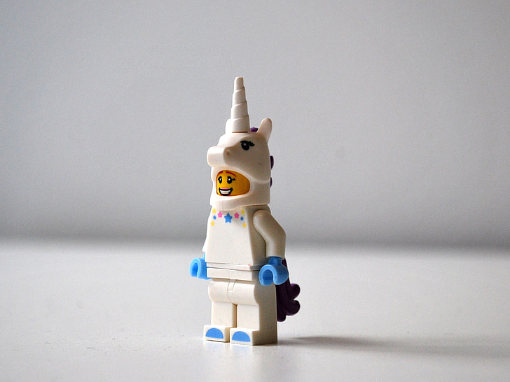 white and blue unicorn Lego mini figure