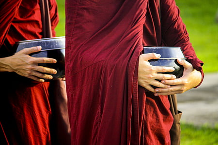 person wearing red robe carrying black pot collage