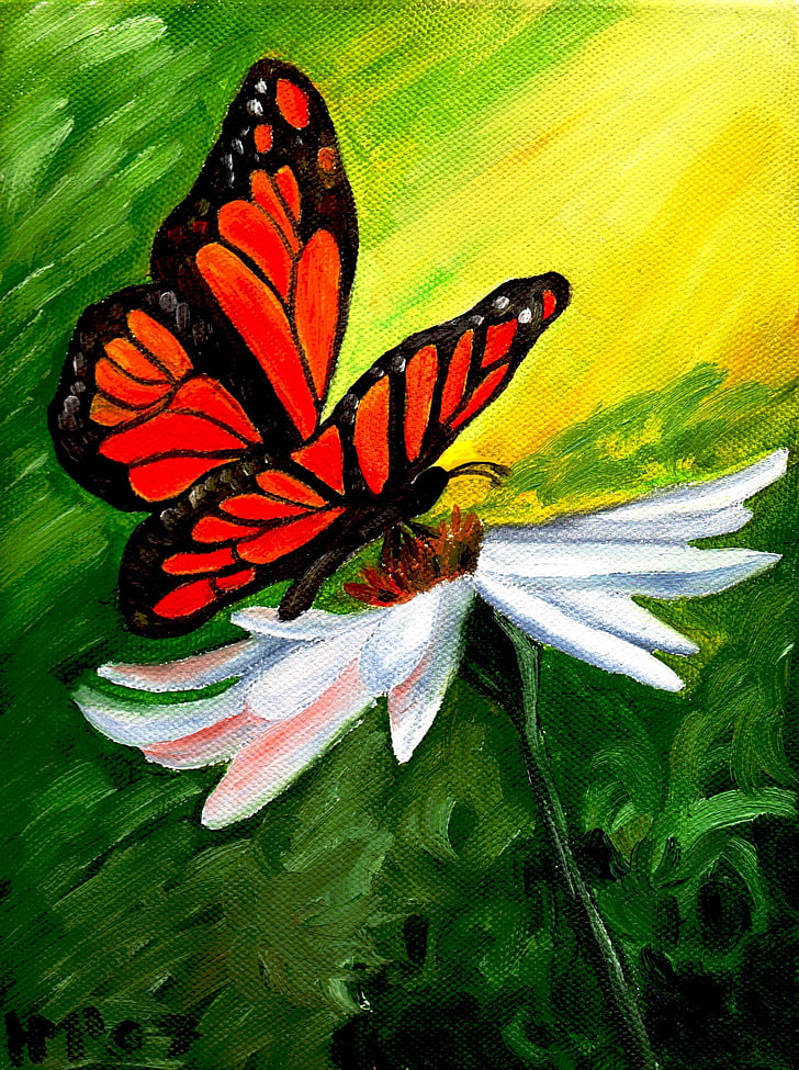monarch butterfly perched on white daisy painting