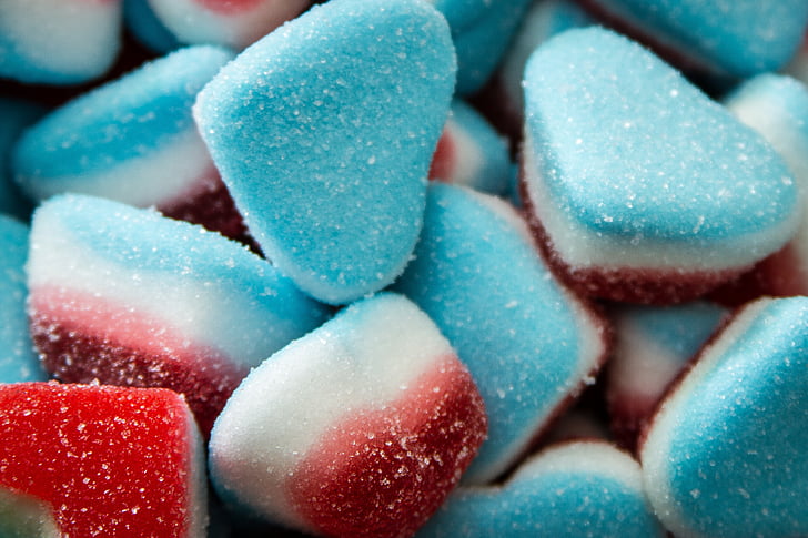 blue-white-and-red sugar coated candies